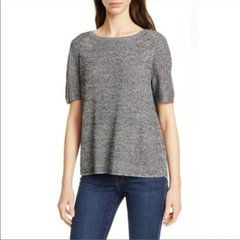 Eileen Fisher Split Back Knit Top Short Sleeve Marled Gray Hemp Size Small